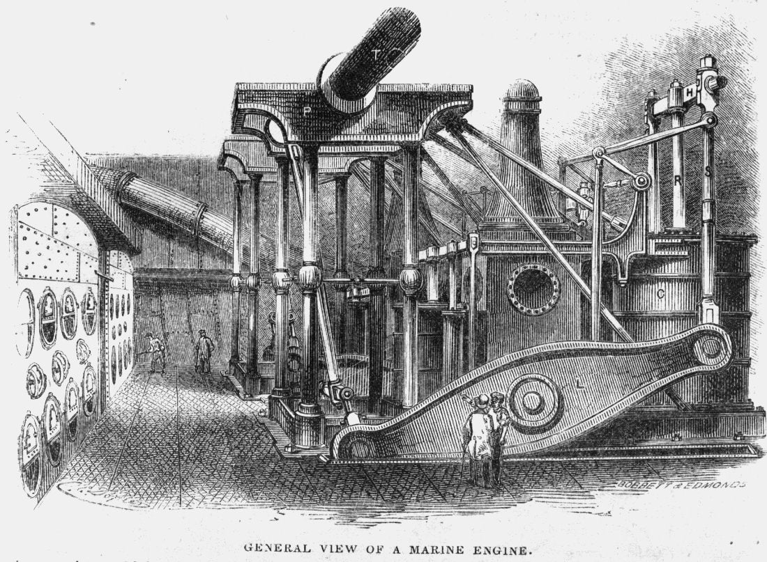 General view of a marine steam engine, Victorian engraving